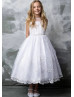 White Embroidered Organza Flower Girl Dress Communion Dress